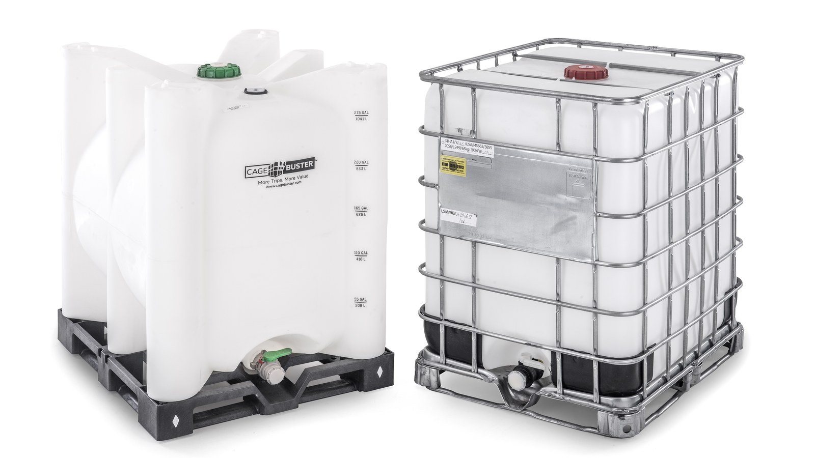 A cageless Cagebuster plastic IBC tote beside a traditional steel-caged composite IBC tote, side by side on a white background