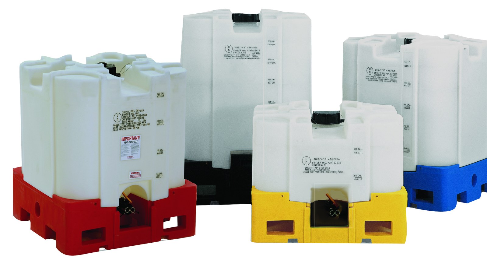 Four cageless plastic IBC totes in a range of sizes on red, black, yellow and blue pallet bases