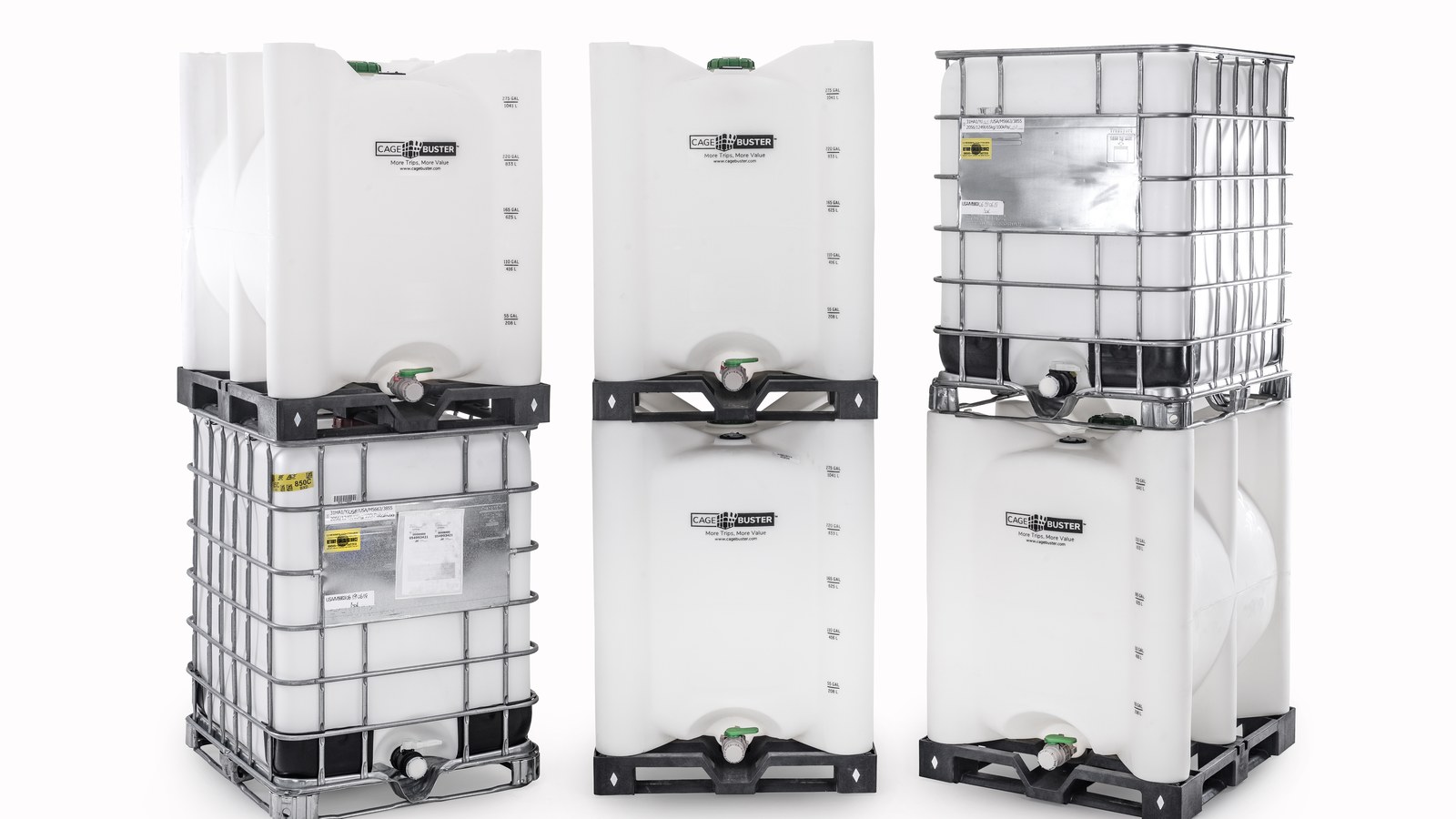 Three pairs of stacked IBC totes on a white background, including steel-caged composite totes with white HDPE bottles