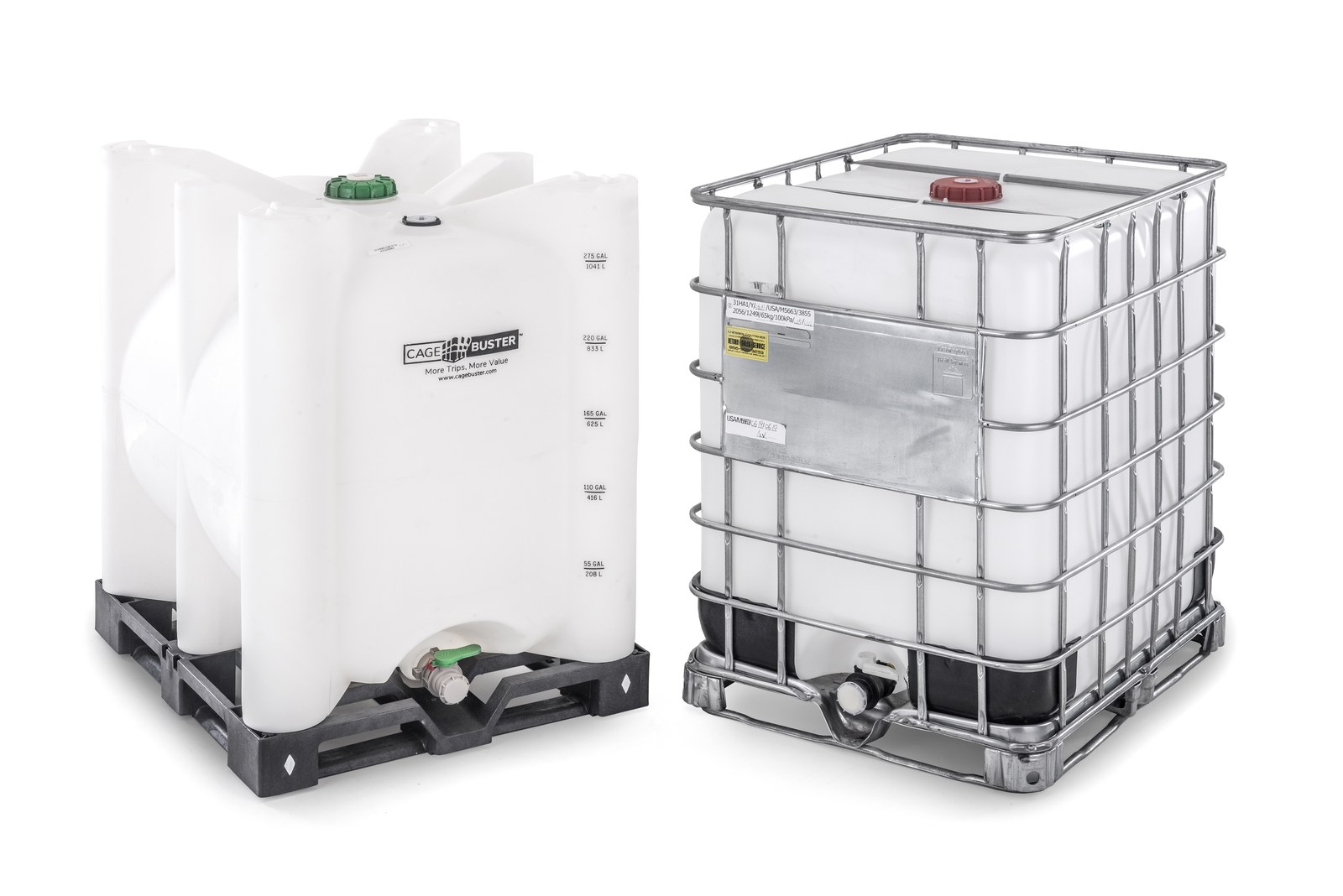 A cageless Cagebuster plastic IBC tote beside a traditional steel-caged composite IBC tote, side by side