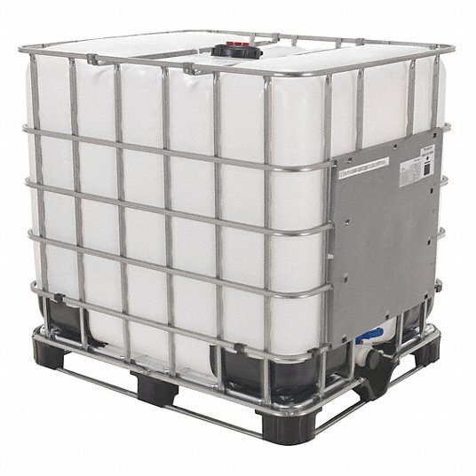 Caged composite IBC tote - white HDPE bottle in a galvanized steel cage on a pallet base