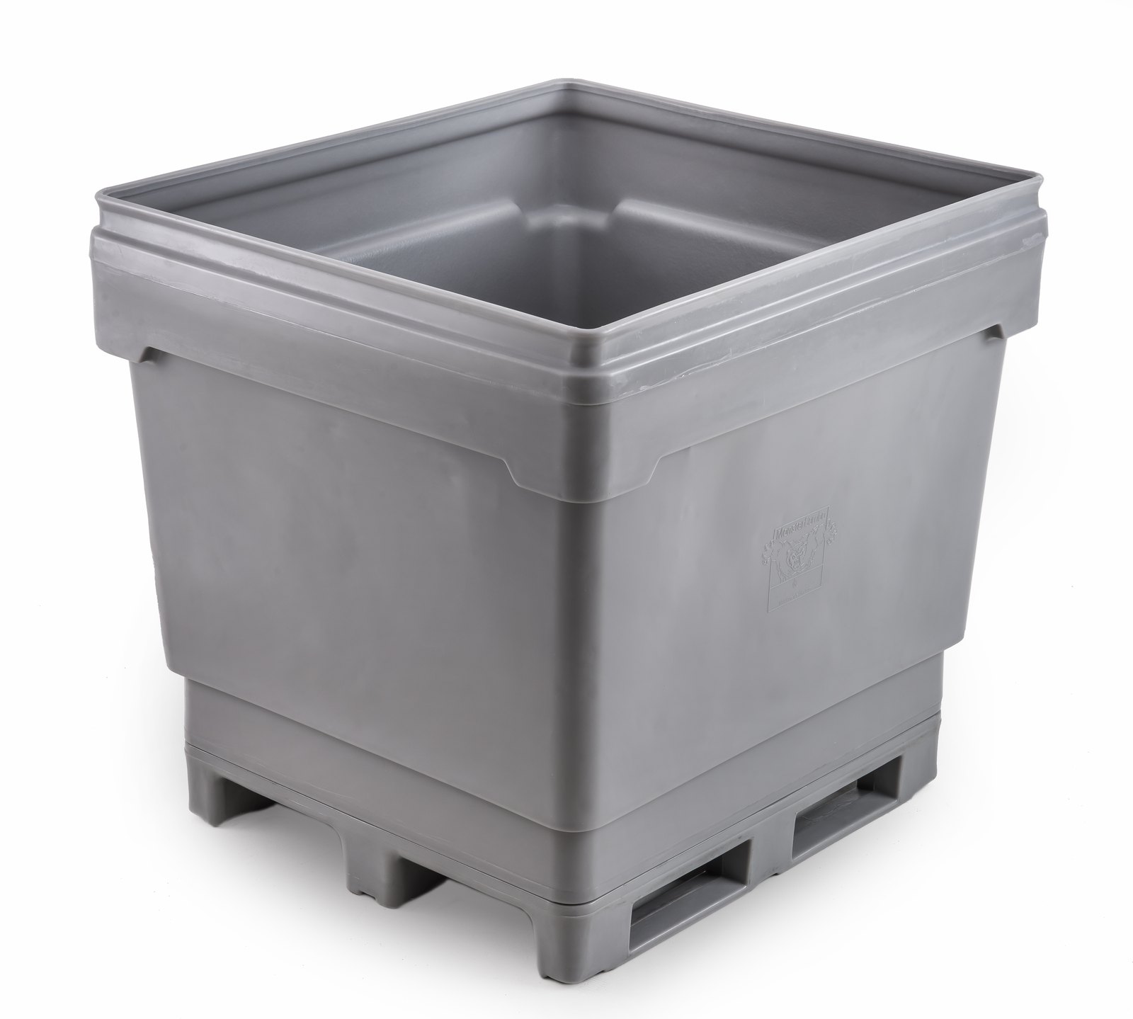 A grey plastic bulk container with an open top, sitting on a full plastic pallet base with open forklift entry tunnels. Shot at a three-quarter angle against white.