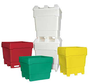 Coloured plastic bulk bins and stackable material handling containers