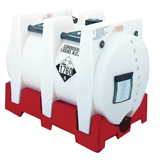 Megatainer 550-gallon poly tote tank — a low-profile white HDPE tank on a red plastic pallet base
