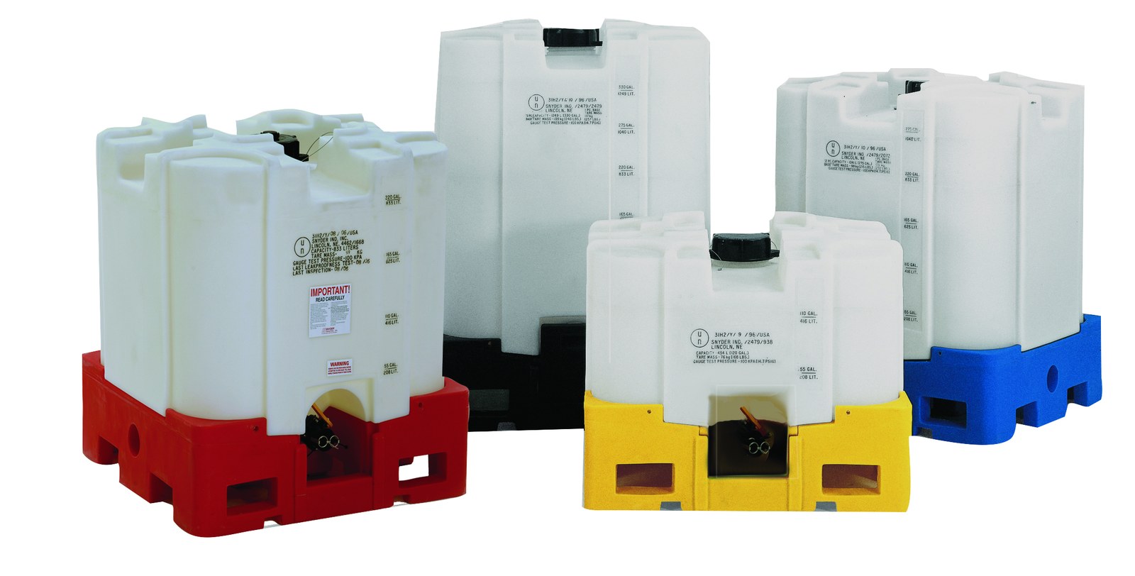 Four Square Stackable plastic IBC totes in descending sizes, each on a different coloured plastic pallet base - red, black, yellow and blue - showing the full size range