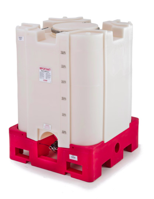 Square Stackable plastic IBC tote on a red moulded base with forklift entry holes