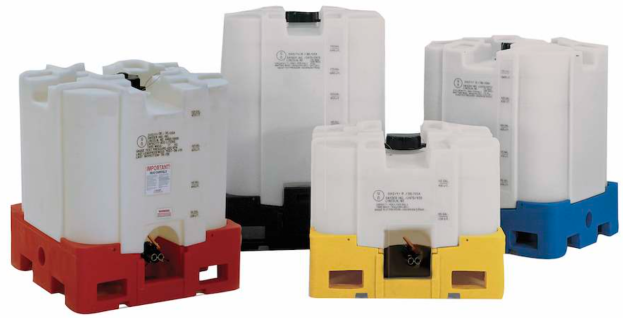 Group of Square Stackable plastic IBC totes in a range of sizes on coloured moulded bases