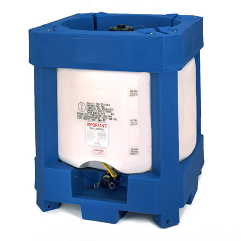 Ultratainer IBC tote — a white cylindrical inner tank inside a blue ribbed poly frame with a bottom ball valve