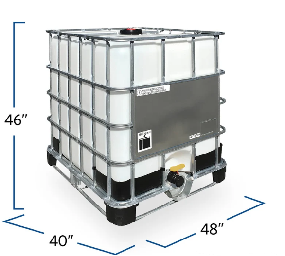 Caged composite IBC tote with dimensions marked: 40 by 48 inch footprint, 46 inches tall