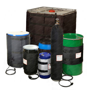 Group of insulated heating wraps on drums, pails and a gas cylinder in a range of sizes