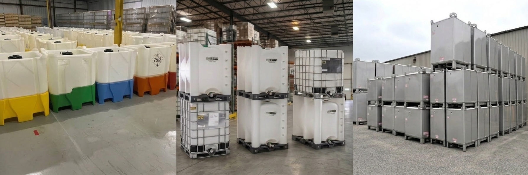 Three photos of Durastar container inventory: colourful plastic bulk bins in a warehouse, stacked poly and caged IBC totes, and rows of stainless steel containers stacked outdoors