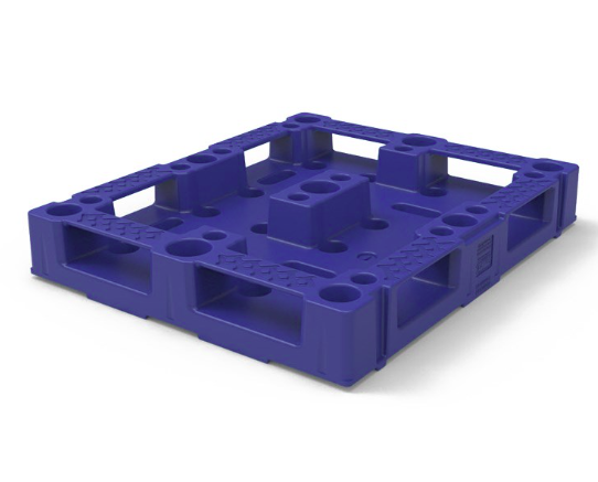 Bottom view of a blue food-grade plastic pallet showing the moulded leg structure