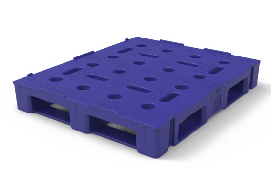 Top view of a blue food-grade plastic pallet with moulded deck openings