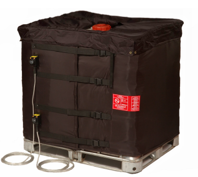 Full-cover insulated heating blanket wrapped around a caged IBC tote with top cover and power cords